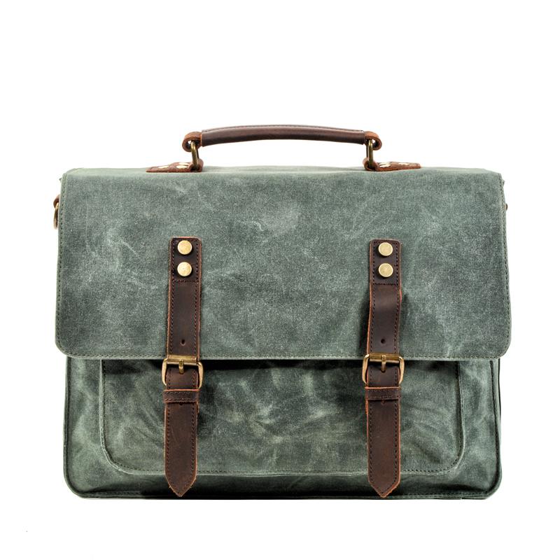 Waxed Canvas Leather Mens Green Casual 14‘’ Briefcase Handbag Messenger Bag Side Bag For Men