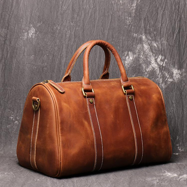 Casual Brown Leather Men's Small Overnight Bag - Back View