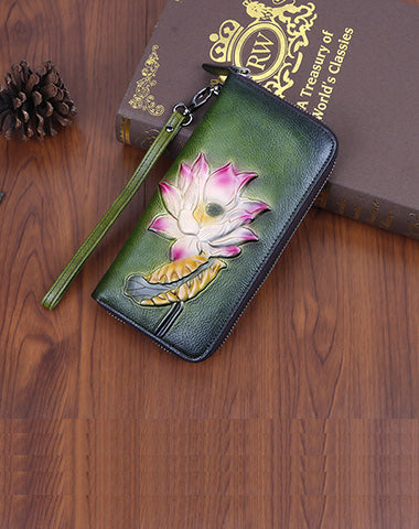 Womens Lotus Flower Green Leather Wristlet Wallets Zip Around Wallet Flower Ladies Zipper Clutch Wallet for Women