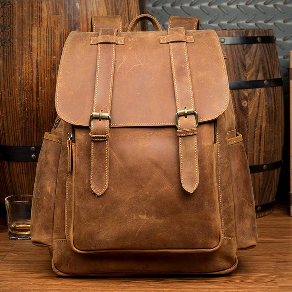 Dark Brown Fashion Mens Leather 15-inch Brown Computer Backpacks Brown Travel Ba MSG04981180