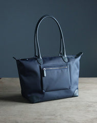 Womens Navy Nylon Shoulder Tote Large Dark Blue&Brown Nylon Handbag Purse for Ladies