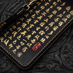 Handmade Leather Mens Chinese Handwriting Biker Chain Wallet Cool Leather Wallets Long Wallets for Men