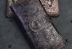 Handmade Long Leather Wallet Bifold Button Carved Floral Leather Clutch Wallet For Men Women - EverHandmade