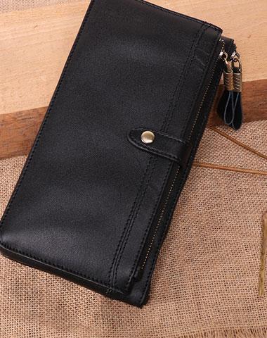 Cool Leather Long Wallet for Men Vintage Double Zipper Long Wallet for Men