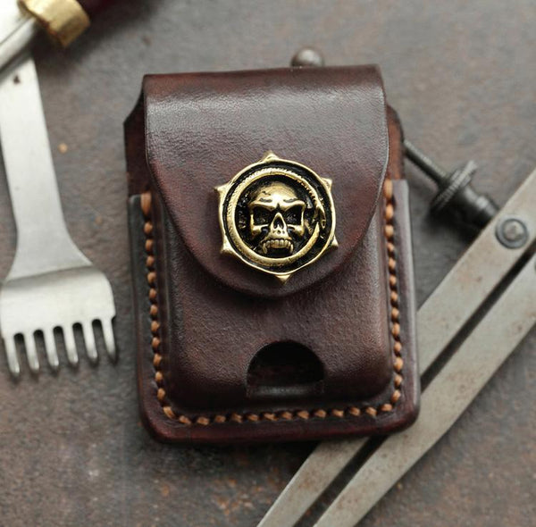 Cool Skull Brown Leather Mens Holster Zippo - Back View