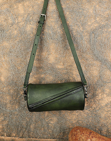 Vintage Green Leather Womens Barrel Shoulder Bag Bucket Crossbody Purse for Women