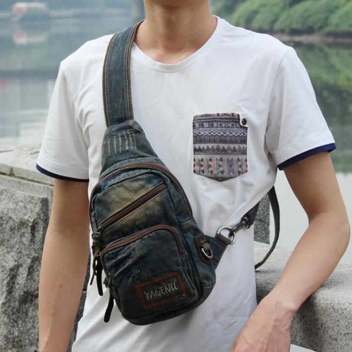 Fashion Jean Blue Mens Sling Bag Chest Bags Denim Sling Pack One Shoulder Backpacks For Men