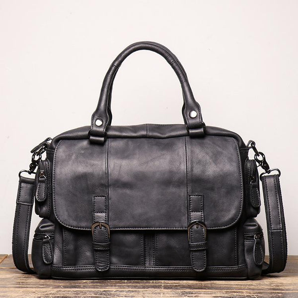 Black Leather Men 14 inches Briefcase Handbag - Back View