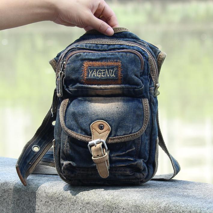 Blue Denim Mens Casual Small Side Bag Vertical Messenger Bags Jean Courier Bag For Men