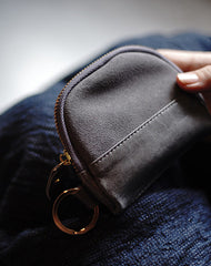 Vintage Women Black Leather Zip Coin Pouch with Keyring Coin Wallet Change Wallet For Women