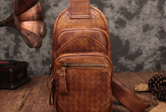 Genuine Brown Leather Mens Chest Bag Woven Sling Bag Sling Pack Sling Backpack for men