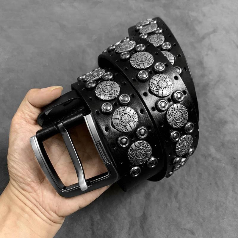 Badass Black Leather Metal Rock Punk Belt Black Motorcycle Belt Leather Rivet Belts For Men