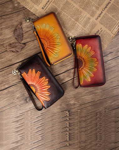 Womens Leather Zip Around Wallets Sunflower Wristlet Wallets Flower Ladies Zipper Clutch Wallet for Women