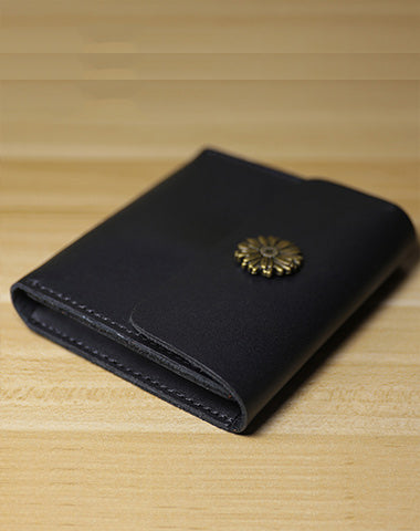 Cute Women Black Leather Slim Card Wallet Sunflower Coin Wallets Mini Change Wallets For Women