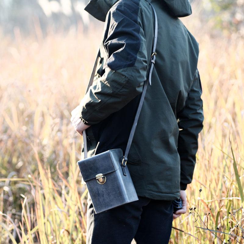 Handmade Gray Leather Mens Small Box Bag Shoulder Bag Messenger Bag fo