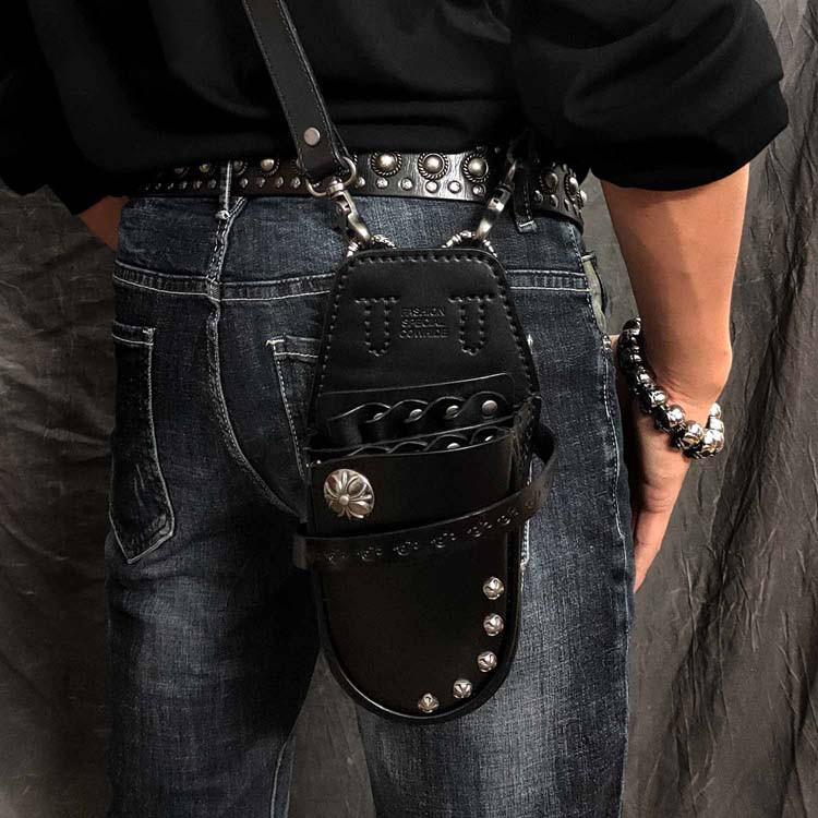 Black Badass Mens Leather Waist Bag Side Bag Red Hairstylist Tool Barb