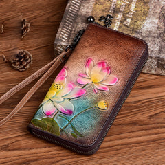 Womens Lotus Flowers Gray Leather Wristlet Wallets Zip Around Wallet Flowers Ladies Zipper Clutch Wallet for Women