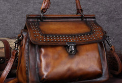 Vintage Leather Handbag Purse Rivet Shoulder Bag Purse For Women - EverHandmade