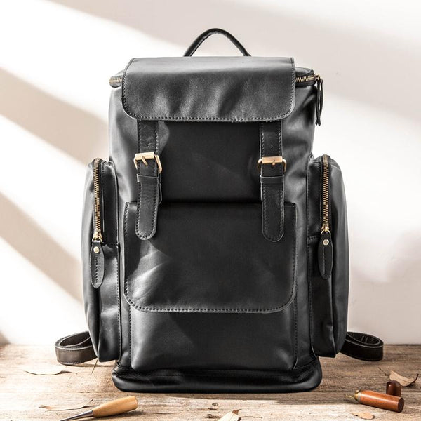 Black Mens Leather College Backpacks Travel Backpacks Black 15 inches Computer B HB03991094