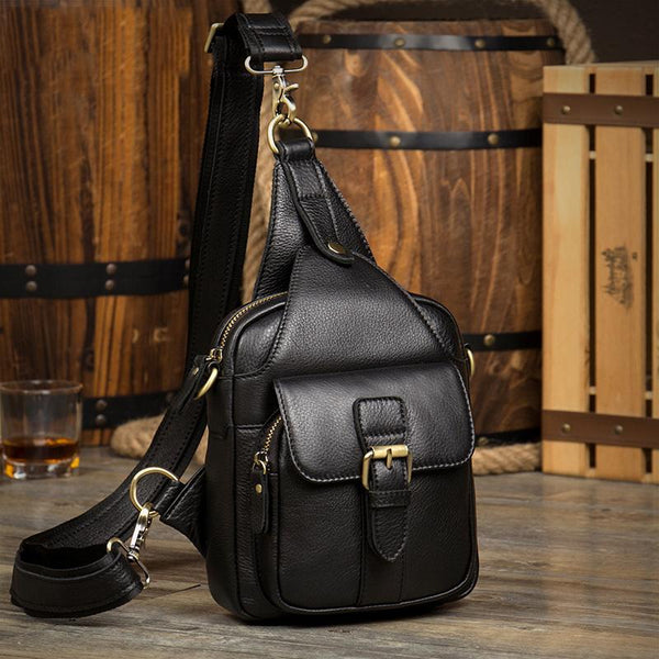 Black Leather Mens Sling Bag Sling Pack - Back View