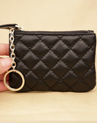 Mini Women Black Leather Zip Coin Wallet with Keychains Keys Wallet Small Zip Change Wallet For Women