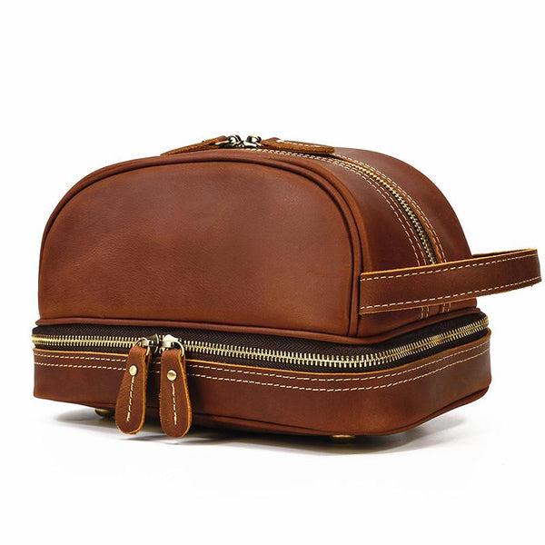 Brown Leather Men's Clutch Bag Double Zipped - Back View
