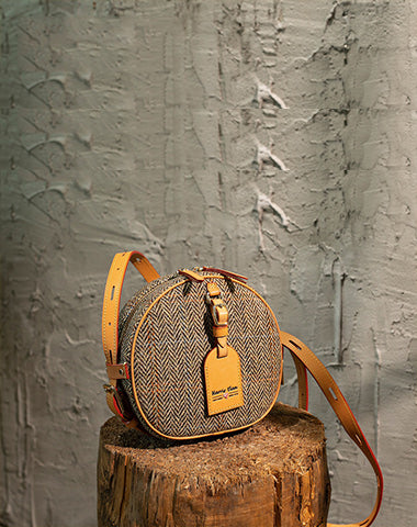 Cute Womens Small Gray Leather Tweed Round Crossbody Purse Handmade Round Shoulder Bag for Women