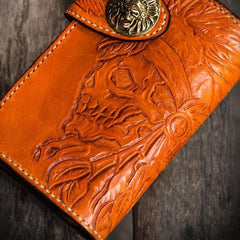 Handmade Leather Tooled Skull Indian Chief Biker Wallets Mens Cool billfold Chain Wallet Trucker Wallet with Chain