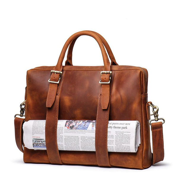 Brown Leather Mens 15 inches Simple Laptop - Back View