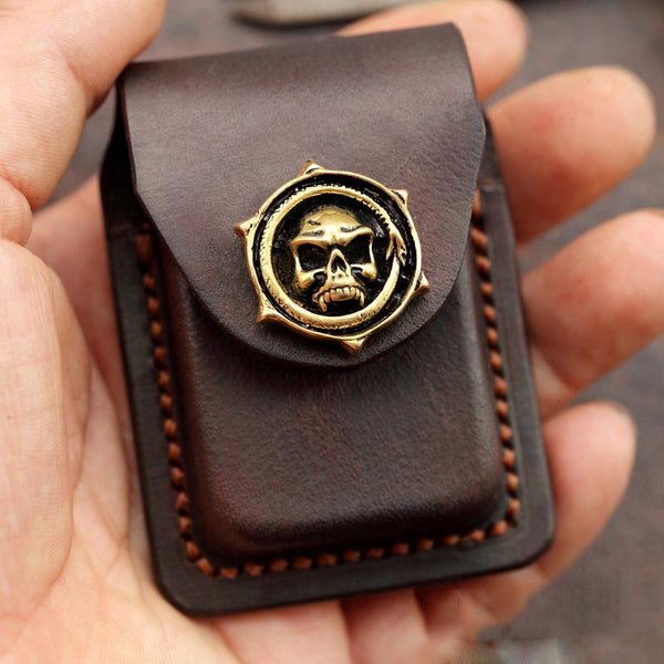 Skull Brown Leather Mens S.T.Dupont Lighter Cases - Back View