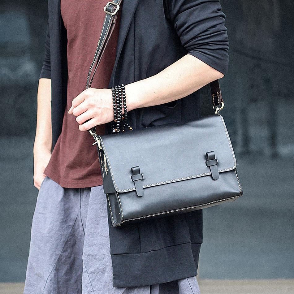 Cool Black Leather Mens 10" Postman Bag Small Messenger Bag Black Courier Bags For Men