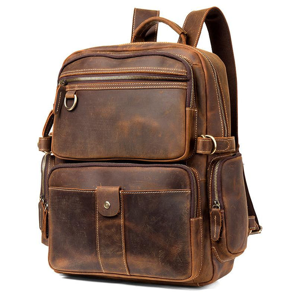 Dark Brown Mens Leather 15-inch Computer Backpacks Fashion Travel Backpacks Scho MSG04781002