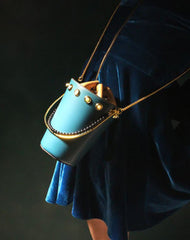 Cute Womens Blue Leather Barrel Chain Crossbody Purse Bucket Round Chain Shoulder Bag for Women