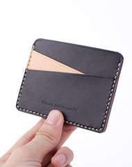 Handmade Beige Black Leather Women Men Small Card Holder Card Wallet for Men Women