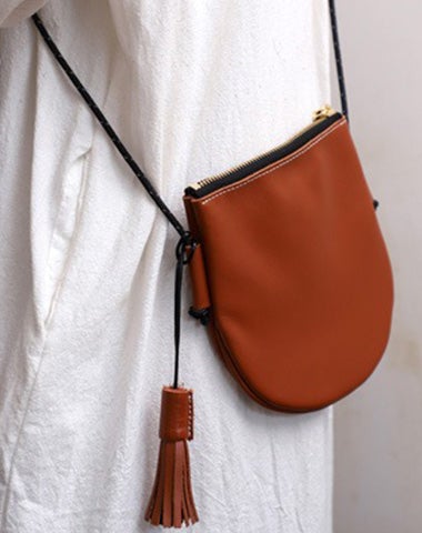 Cute Brown LEATHER Side Bag Tassel Saddle WOMEN SHOULDER BAG Slim With Tassel Crossbody Pouch FOR WOMEN