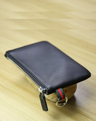 Women Black Coffee Leather Mini Zip Wallet with Keychain Billfold Slim Coin Wallet Small Zip Change Wallet For Women