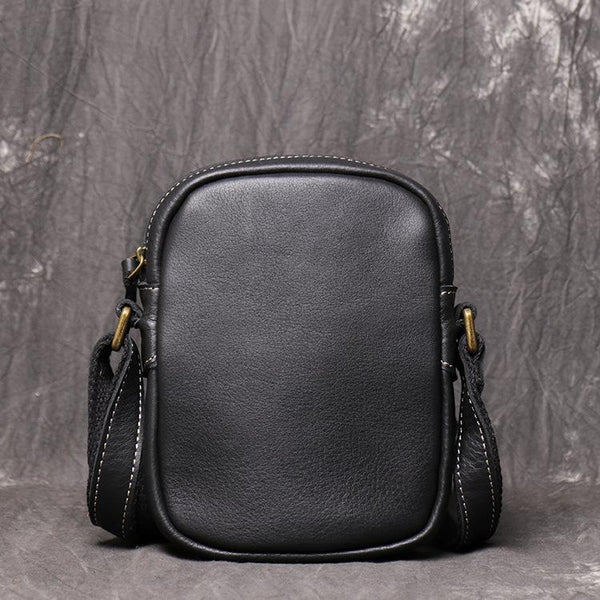 Black Leather Small Zipper Messenger Bag Vertical - Back View