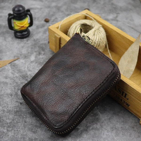 Vintage Leather Brown Men's Bifold Small Wallet Black Zipper billfold Wallet For FY00881029