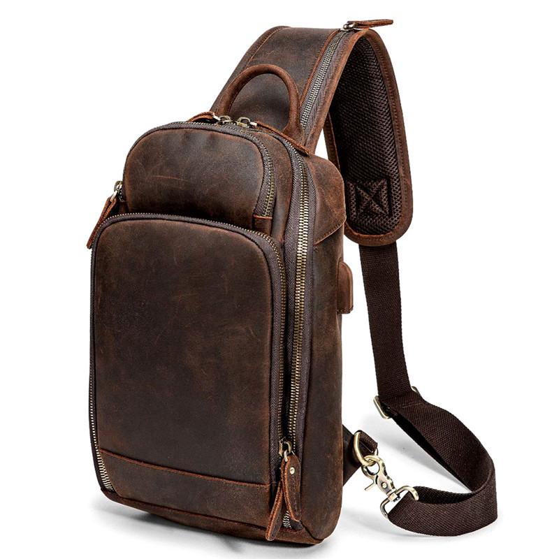 Badass Dark Brown Leather Men's Sling Bag Chest Bag Vintage One shoulder Backpack For Men