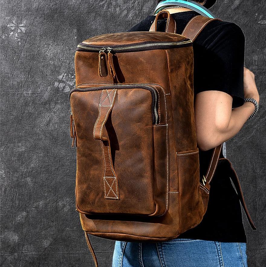 Retro Brown Leather Men 14" Barrel Laptop Backpack Hiking Backpack Travel Backpack Large Backpack for Men