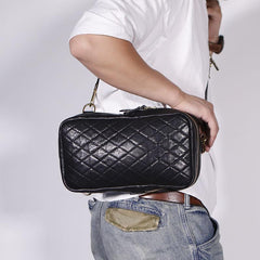 FASHION BLACK LEATHER MEN'S 10 INCHES SLING BAG ONE SHOULDER MESSENGER BAG CHEST BAG DIAGONAL BAG FOR MEN