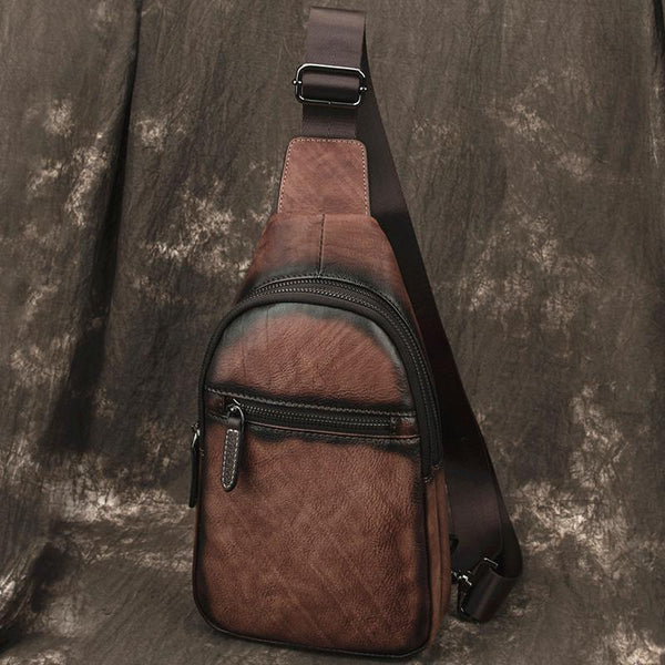 Brown Cool LEATHER MENS Sling Bag Chest - Back View