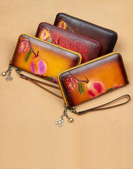 Plum Blossom Flower Coffee Leather Wristlet Wallet Womens Zip Around Wallets Flower Ladies Zipper Clutch Wallets for Women