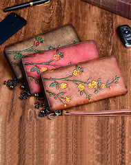 Handmade Womens Brown Leather Plum Blossom Flowers Wristlet Wallet Zip Around Wallet Ladies Zipper Clutch Wallet for Women