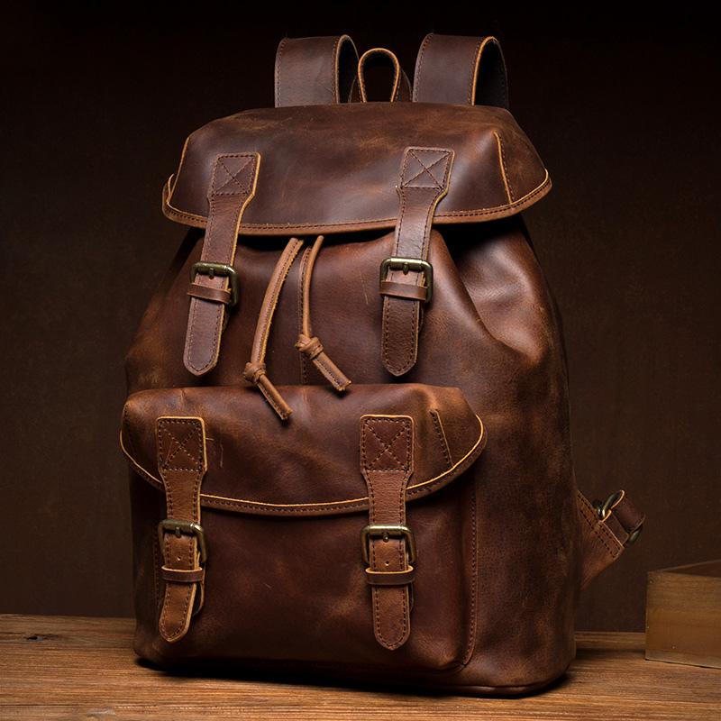 Casual Brown Leather Mens 15 inches Laptop Backpack Travel Backpack Brown School Backpack for Men