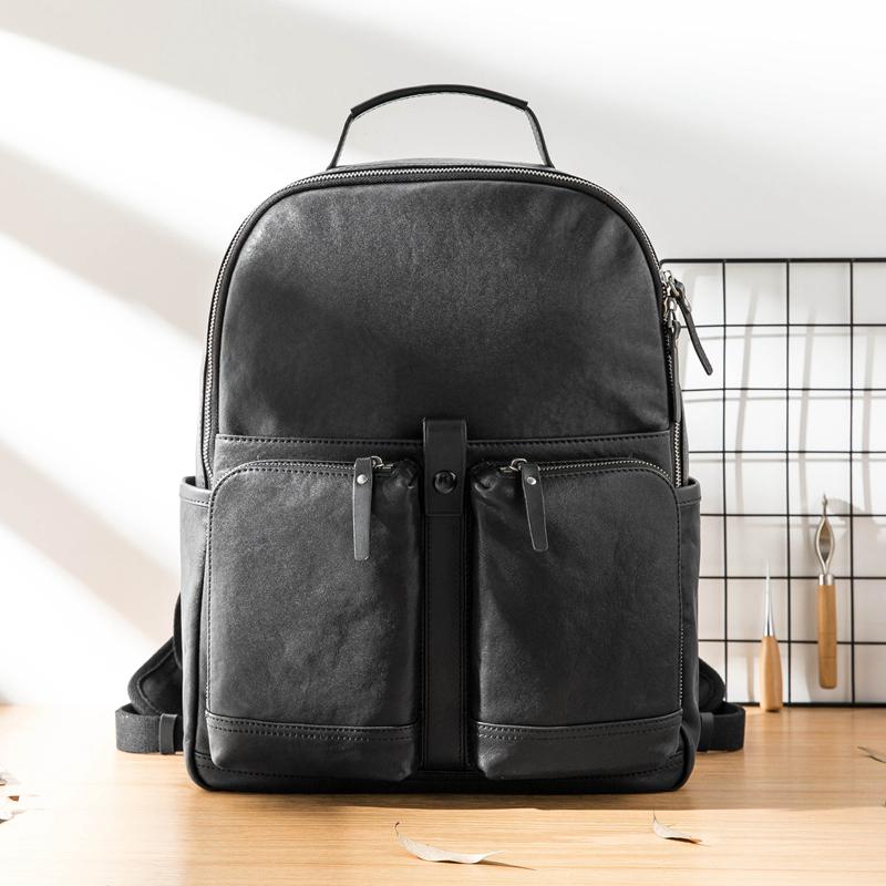 Black Fashion Mens Leather 15-inch Computer Backpacks Black Travel Backpacks College Backpack for men