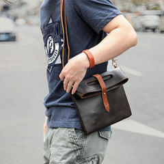Dark Coffee  Leather Mens Casual Small Side Bags Messenger Bags Brown Postman Bag For Men