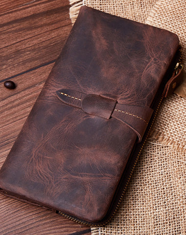 Vintage Leather Long Wallet for Men Bifold Coffee Wallet