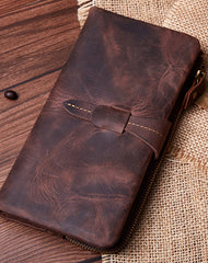 Vintage Leather Long Wallet for Men Bifold Coffee Wallet