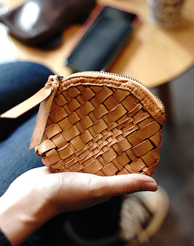 Vintage Women Small Beige Braided Leather Zip Coin Pouch Mini Coin Wallet Change Wallet For Women